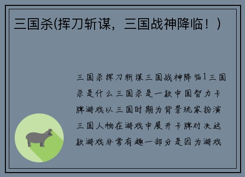 三国杀(挥刀斩谋，三国战神降临！)